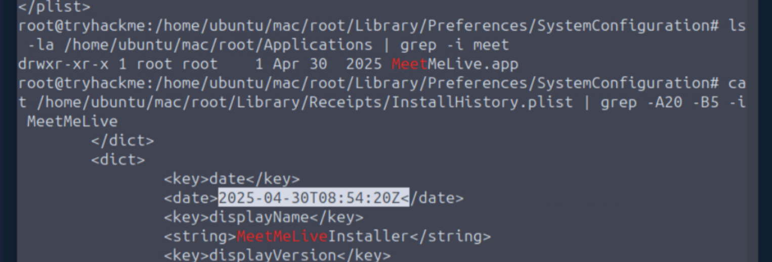 InstallHistory.plist entry for MeetMeLive showing install timestamp 2025-04-30 08:54:20